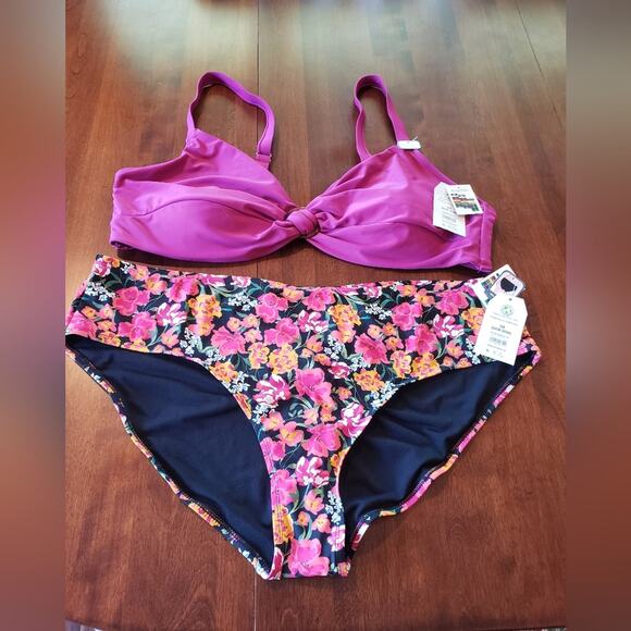 Time and Tru NWT swim suit magenta and floral removable pads mid rise bikini 3X - Picture 1 of 14